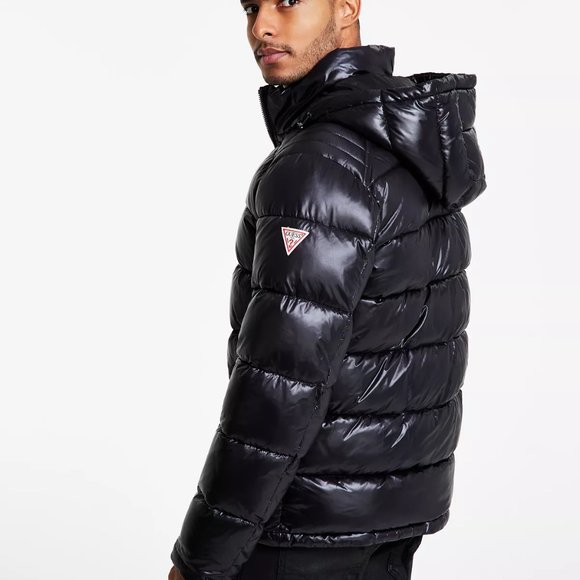 Guess Men's Black Hooded Full-Zip Puffer Coat Jacket Size L - Picture 2 of 4